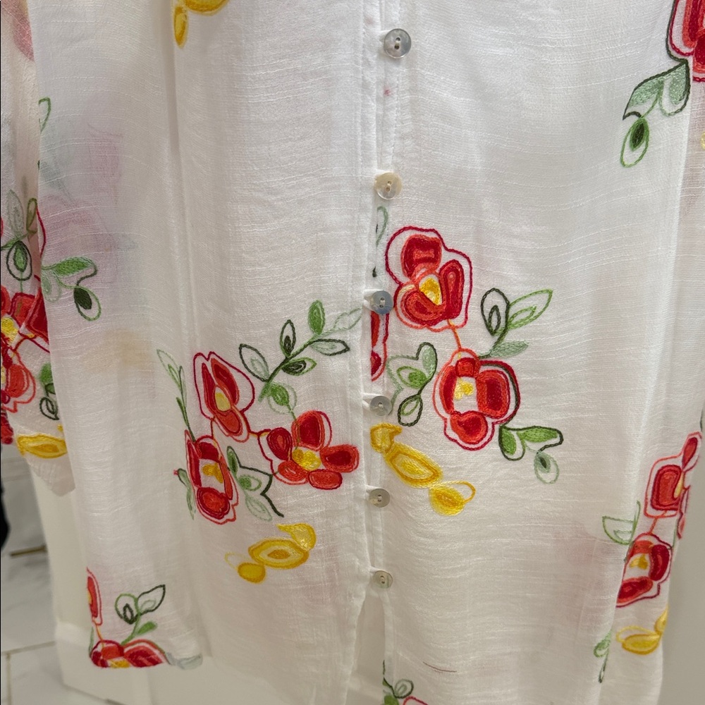 Embroidered Floral Button-Front Women’s Top in White with Red & Yellow Flowers - Picture 3 of 10